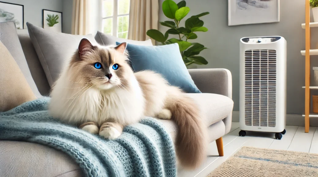 Allergien und Ragdolls: Ragdoll liegt auf dem Sofa, im Hintergrund ist ein Luftfilter für Allergiker