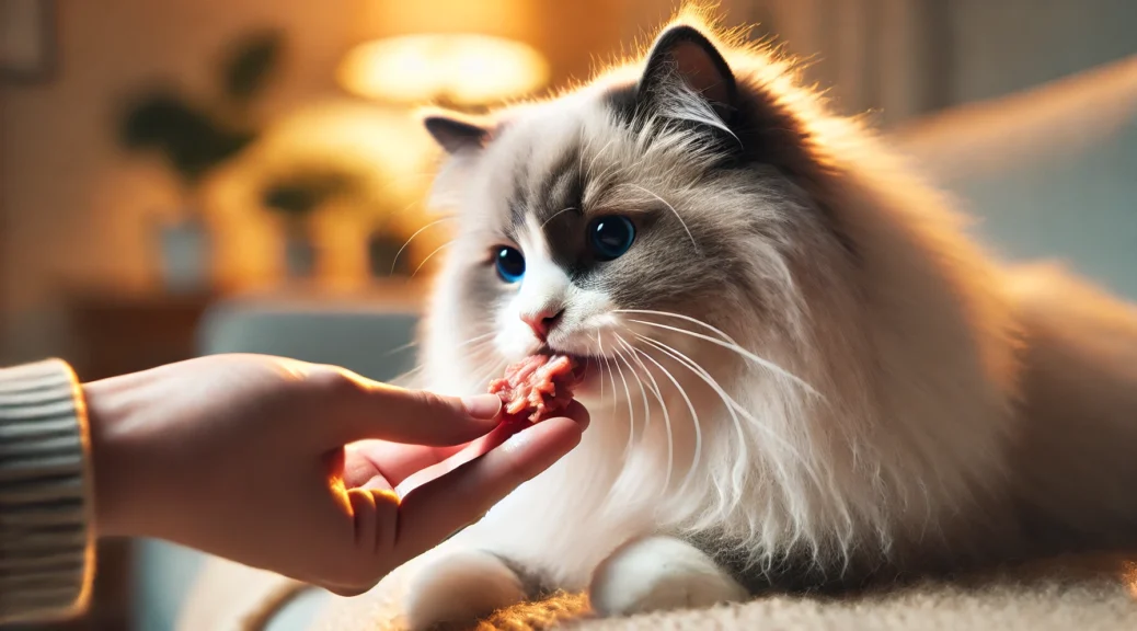 Ragdoll Katze wird aus der Hand gefüttert. Ernährung für Ragdoll Katze